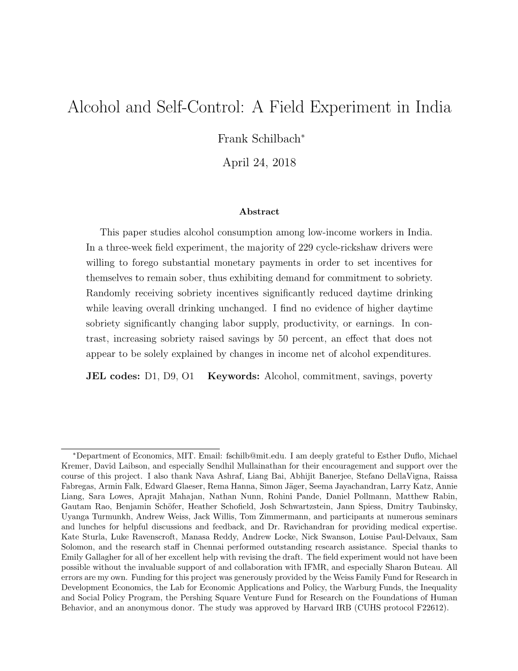 Alcohol and Self-Control: a Field Experiment in India