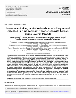 Involvement of Key Stakeholders in Controlling Animal Diseases in Rural Settings: Experiences with African Swine Fever in Uganda