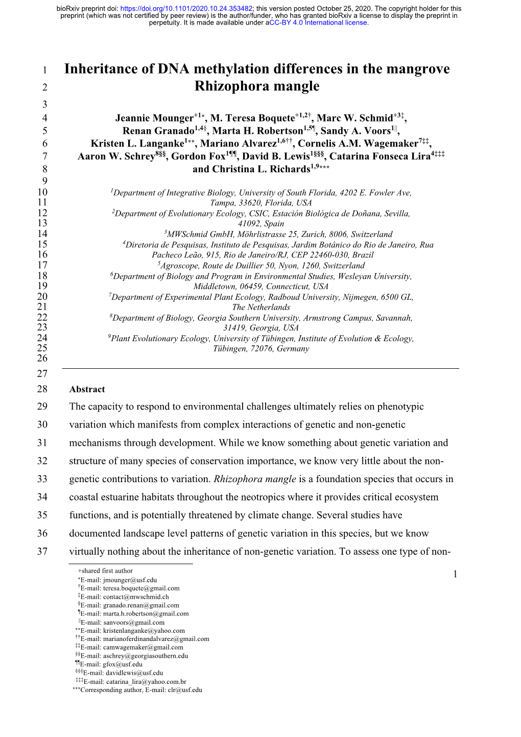 Inheritance of DNA Methylation Differences in the Mangrove 2 Rhizophora Mangle 3 4 Jeannie Mounger+1*, M