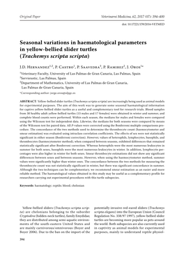 Seasonal Variations in Haematological Parameters in Yellow-Bellied Slider Turtles (Trachemys Scripta Scripta)