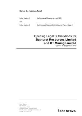 Opening Legal Submissions for Bathurst Resources Limited and BT Mining Limited Dated: 25 September 2019