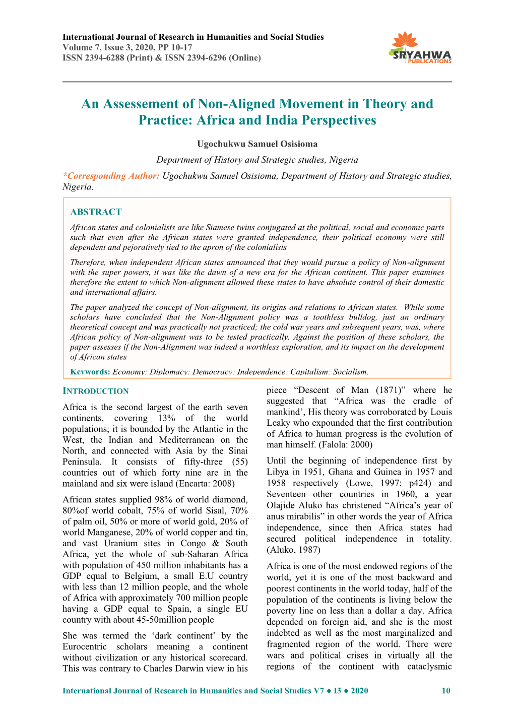 An Assessement of Non-Aligned Movement in Theory and Practice: Africa and India Perspectives