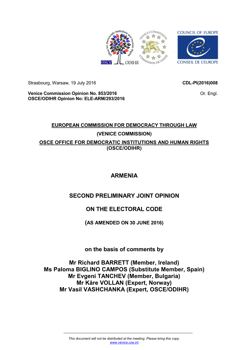 Second Preliminary Joint Opinion on the Electoral Code of Armenia