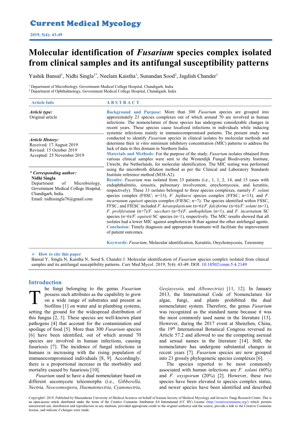 Molecular Identification Of Fusarium Species Complex Isolated From Clinical Samples And Its 