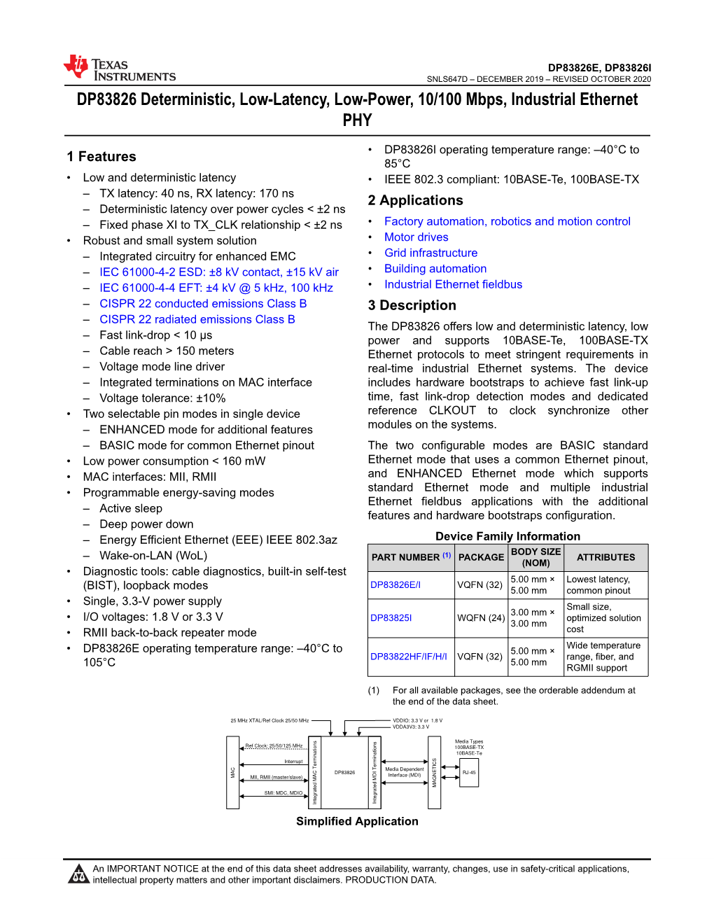 DP83826E Deterministic,Low-Latency,Low