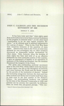 John C. Calhoun and the Secession Movement of 1850 Herman V