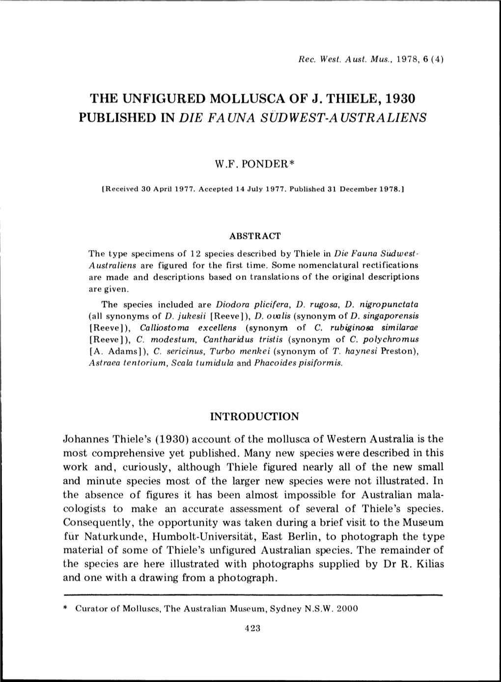 THE UNFIGURED MOLLUSCA of J. THIELE, 1930 PUBLISHED in DIE FAUNA SUDWEST-AUSTRALIENS Download 2.52 MB