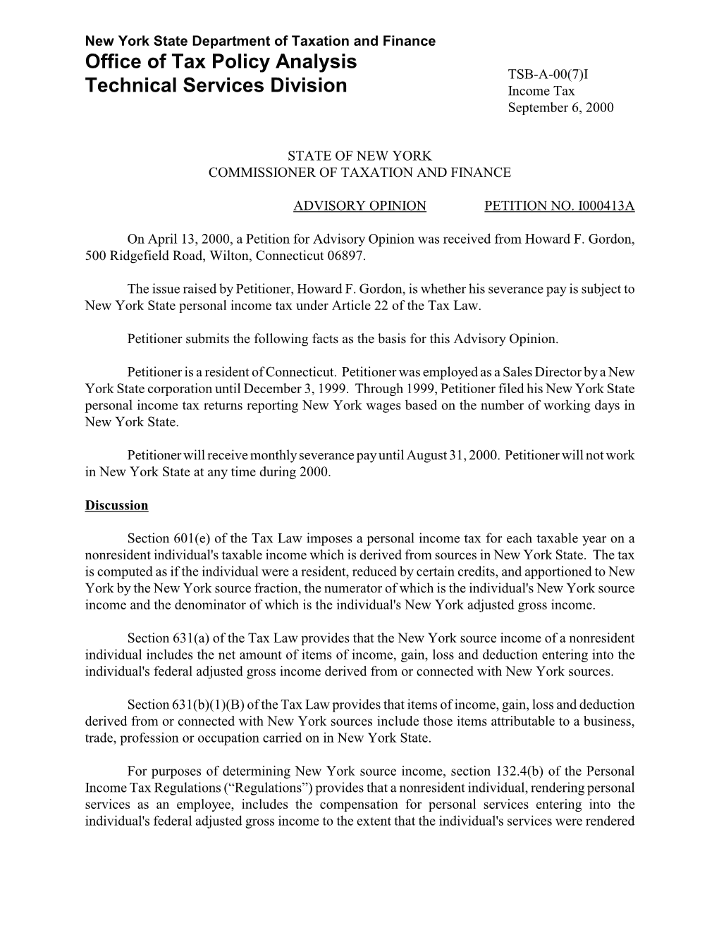 TSB-A-00(7)I:9/00:Howard F. Gordon,Petition No. I000413A