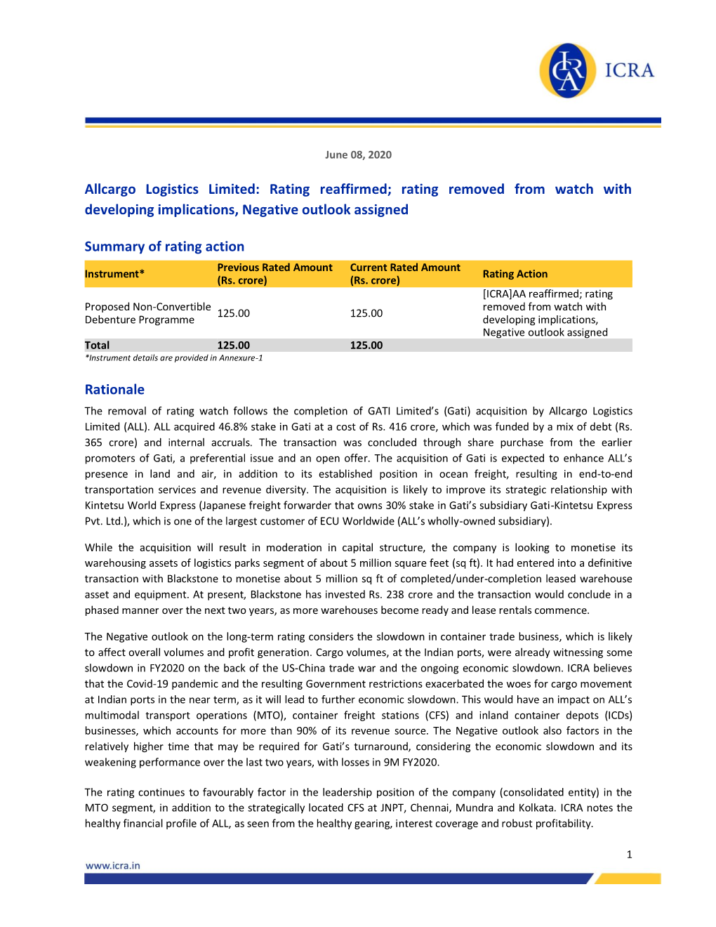 Allcargo Logistics Limited: Rating Reaffirmed; Rating Removed from Watch with Developing Implications, Negative Outlook Assigned