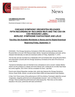 Chicago Symphony Orchestra Releases Fifth Recording by Riccardo Muti and the Cso on Cso Resound Label: Berlioz: Symphonie Fantastique and Lélio