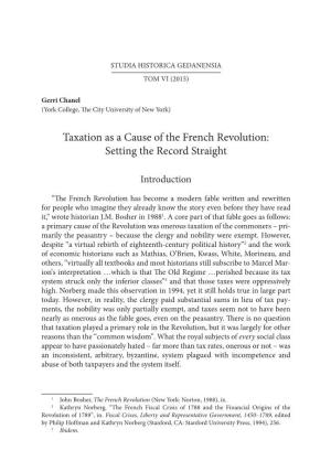Taxation As a Cause of the French Revolution: Setting the Record Straight