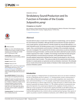 Stridulatory Sound-Production and Its Function in Females of the Cicada Subpsaltria Yangi