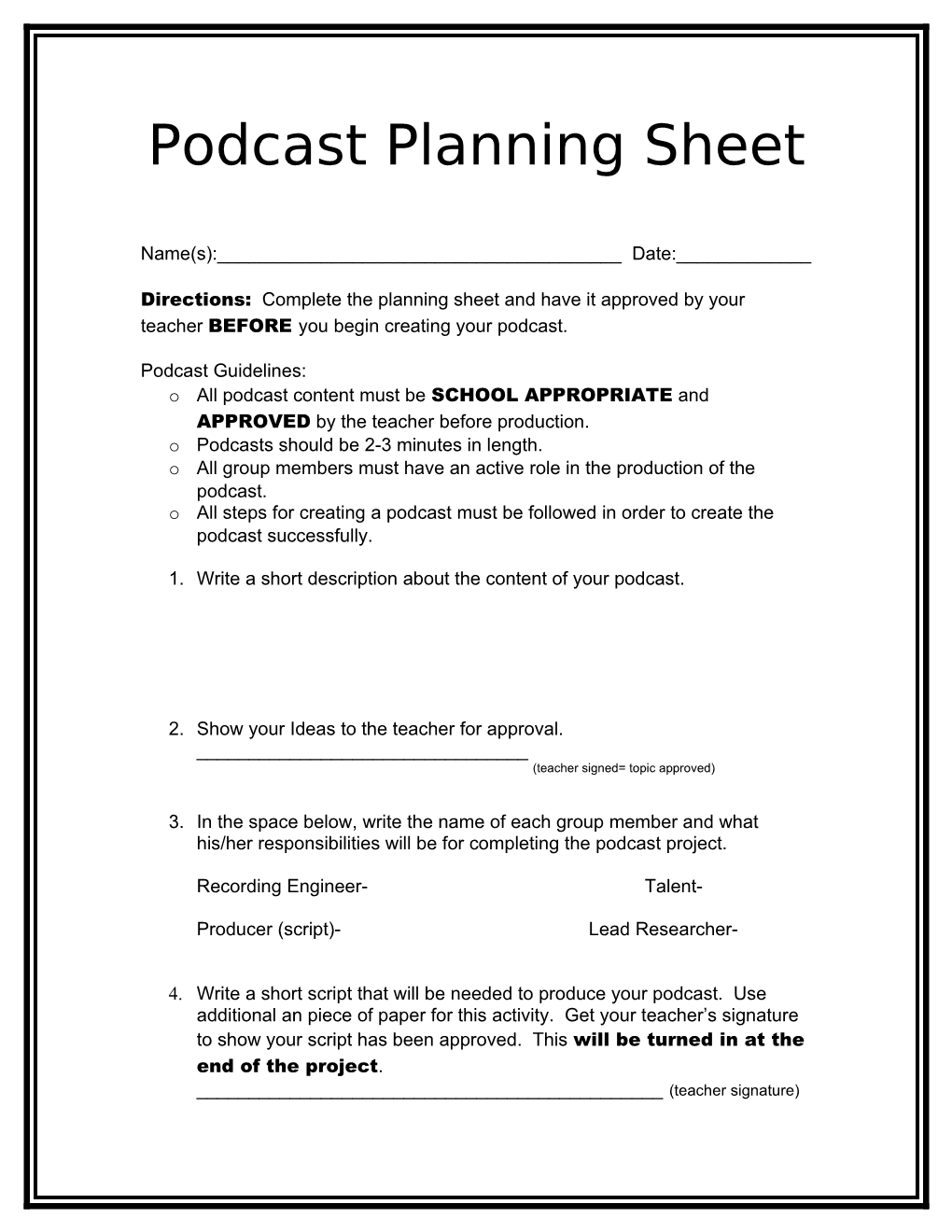 Podcast Planning Sheet