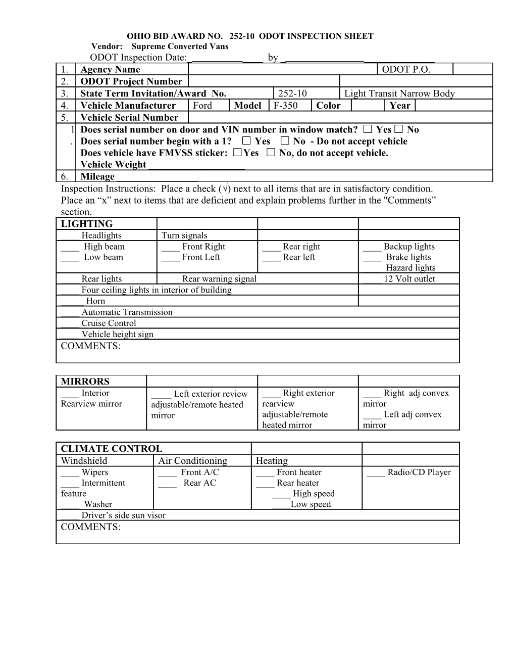 Ohio Bid Award No. 252-10 Odot Inspection Sheet