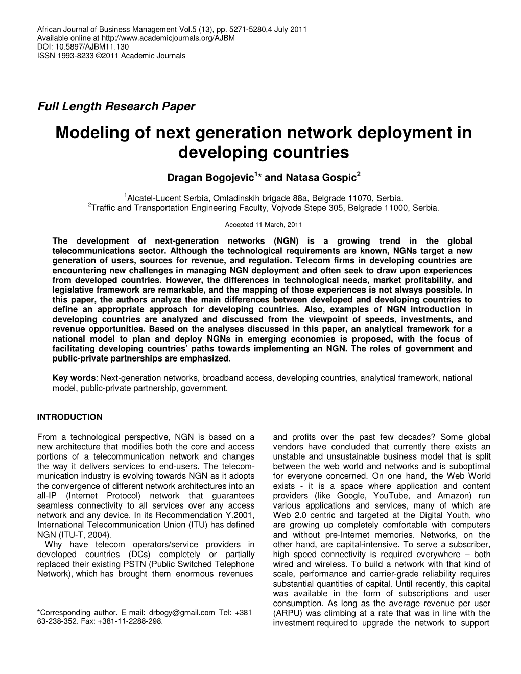 Modeling of Next Generation Network Deployment in Developing Countries