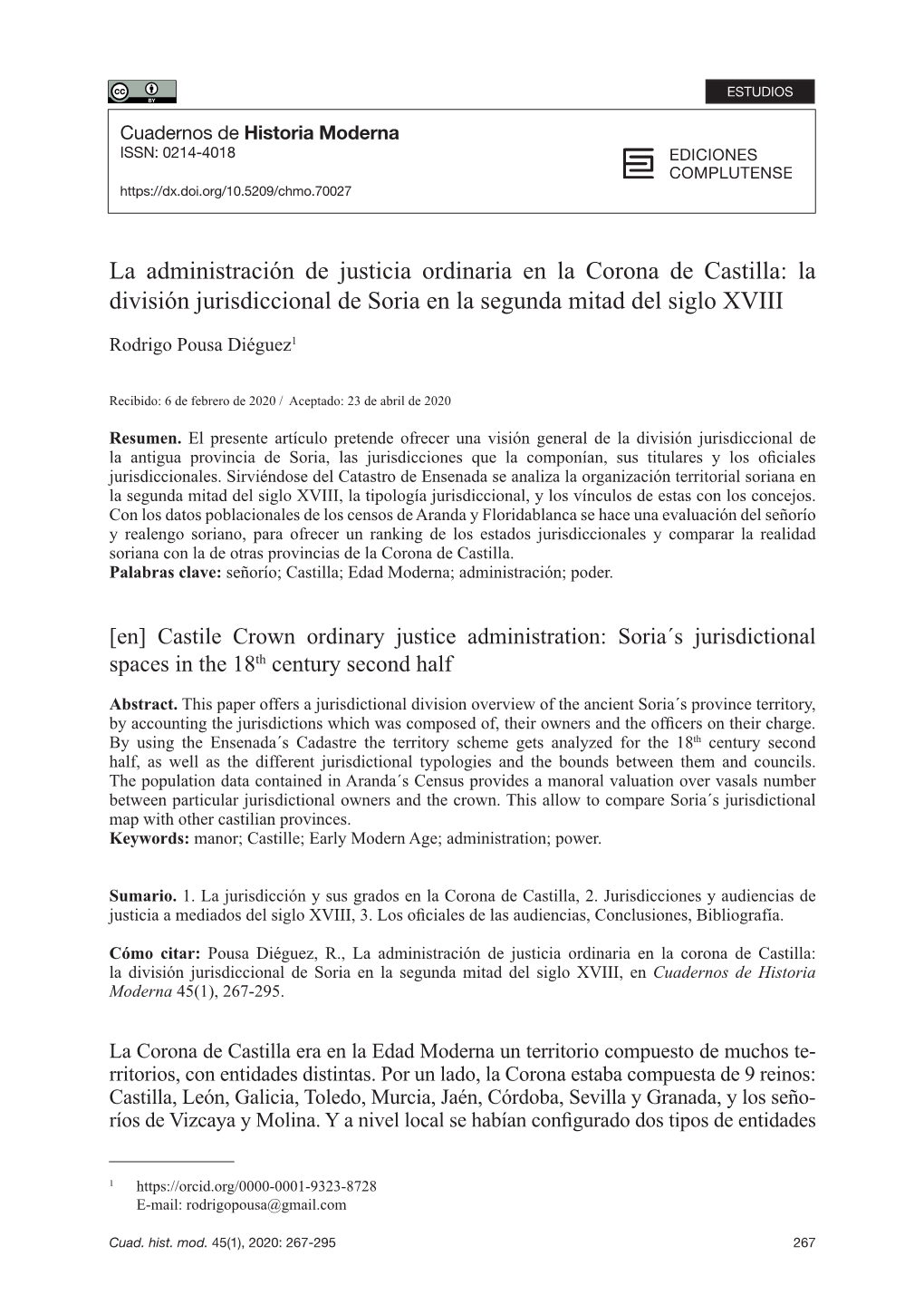 La Administración De Justicia Ordinaria En La Corona De Castilla: La División Jurisdiccional De Soria En La Segunda Mitad Del Siglo XVIII