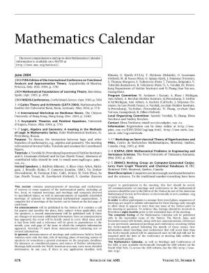 Mathematics Calendar, Volume 51, Number 6
