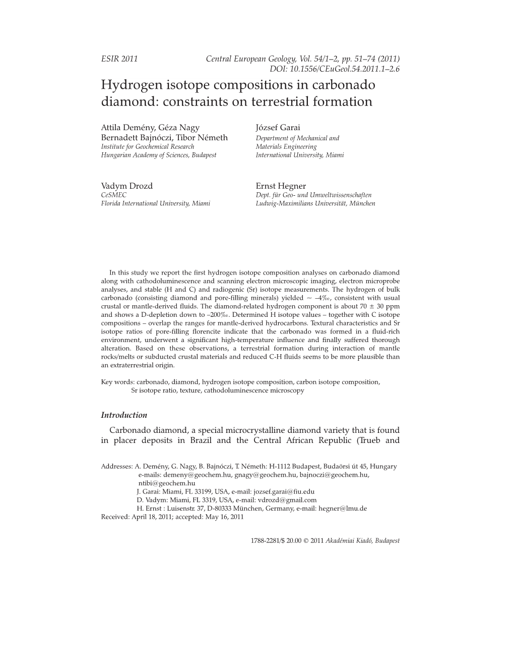 Hydrogen Isotope Compositions in Carbonado Diamond: Constraints on Terrestrial Formation