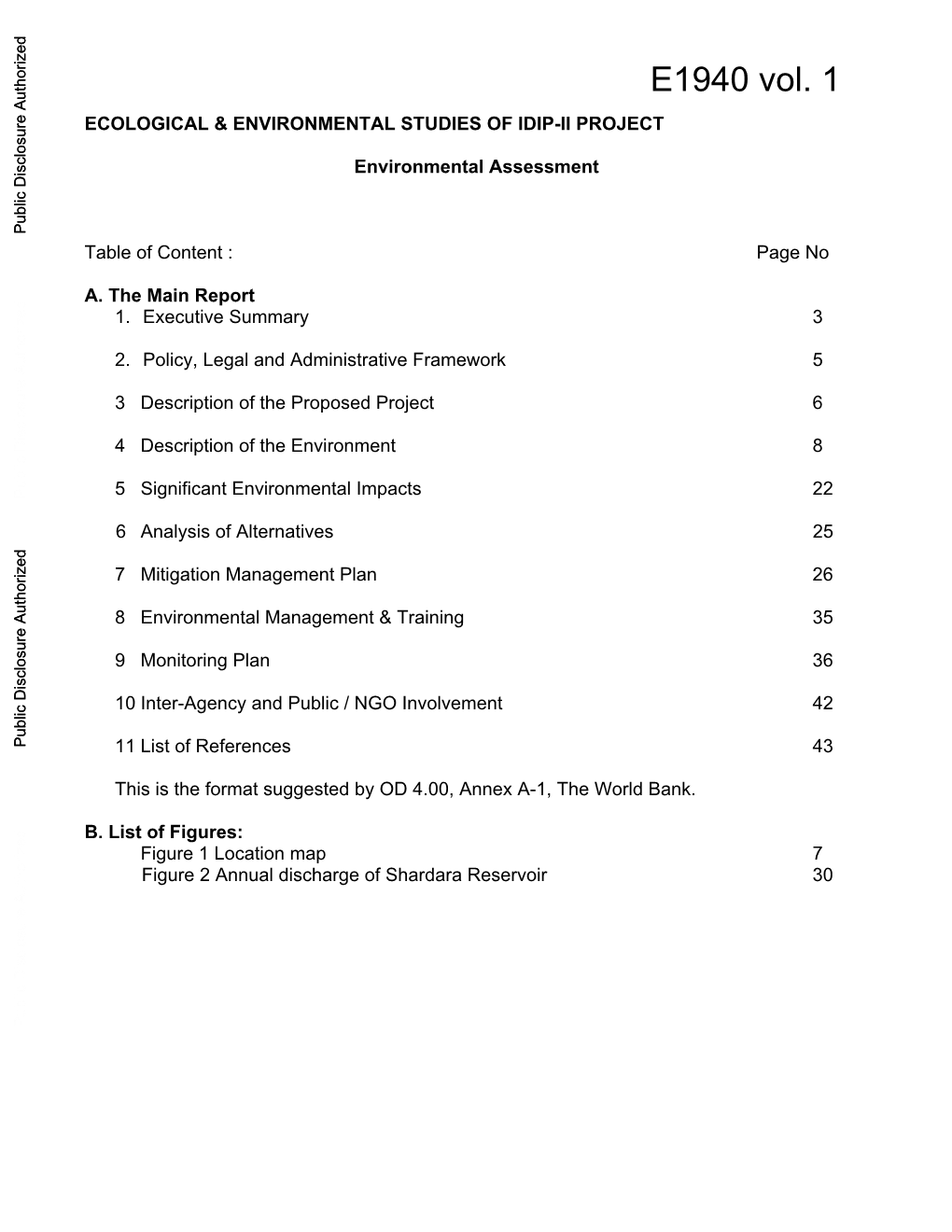 E1940 Vol. 1 ECOLOGICAL & ENVIRONMENTAL STUDIES of IDIP-II PROJECT