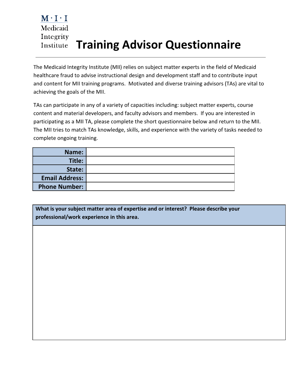 Training Advisor Questionnaire