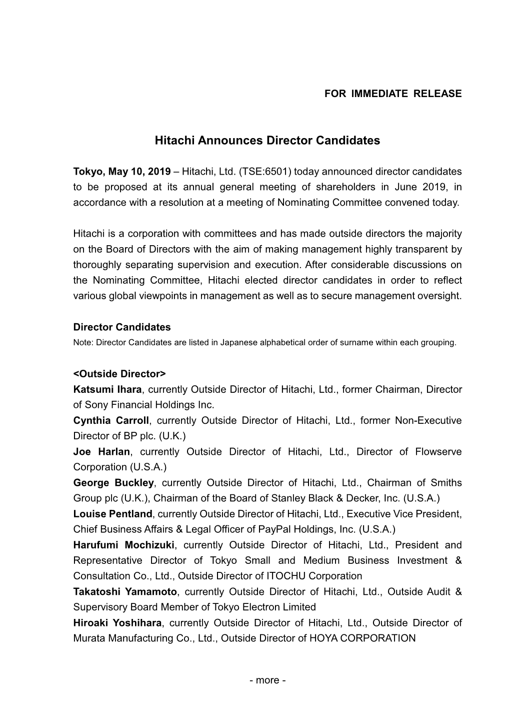 Hitachi Announces Director Candidates(PDF Type, 26Kbytes)