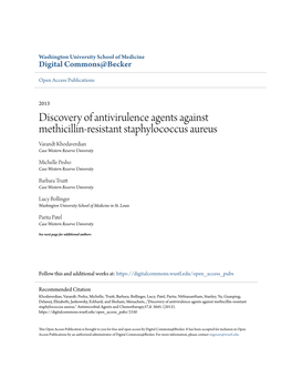 Discovery of Antivirulence Agents Against Methicillin-Resistant Staphylococcus Aureus Varandt Khodaverdian Case Western Reserve University