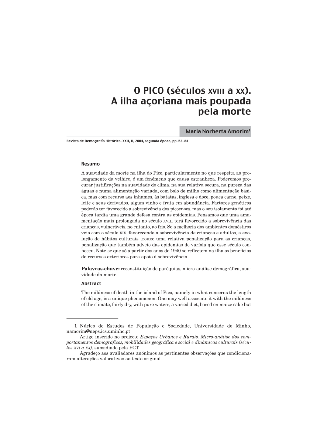 O PICO (Séculos XVIII a XX). a Ilha Açoriana Mais Poupada Pela Morte