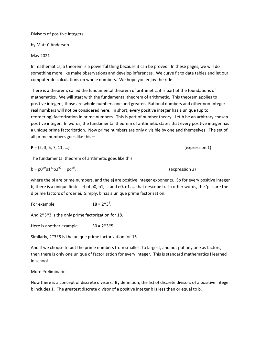 Divisors of Positive Integers by Matt C Anderson May 2021 in Mathematics