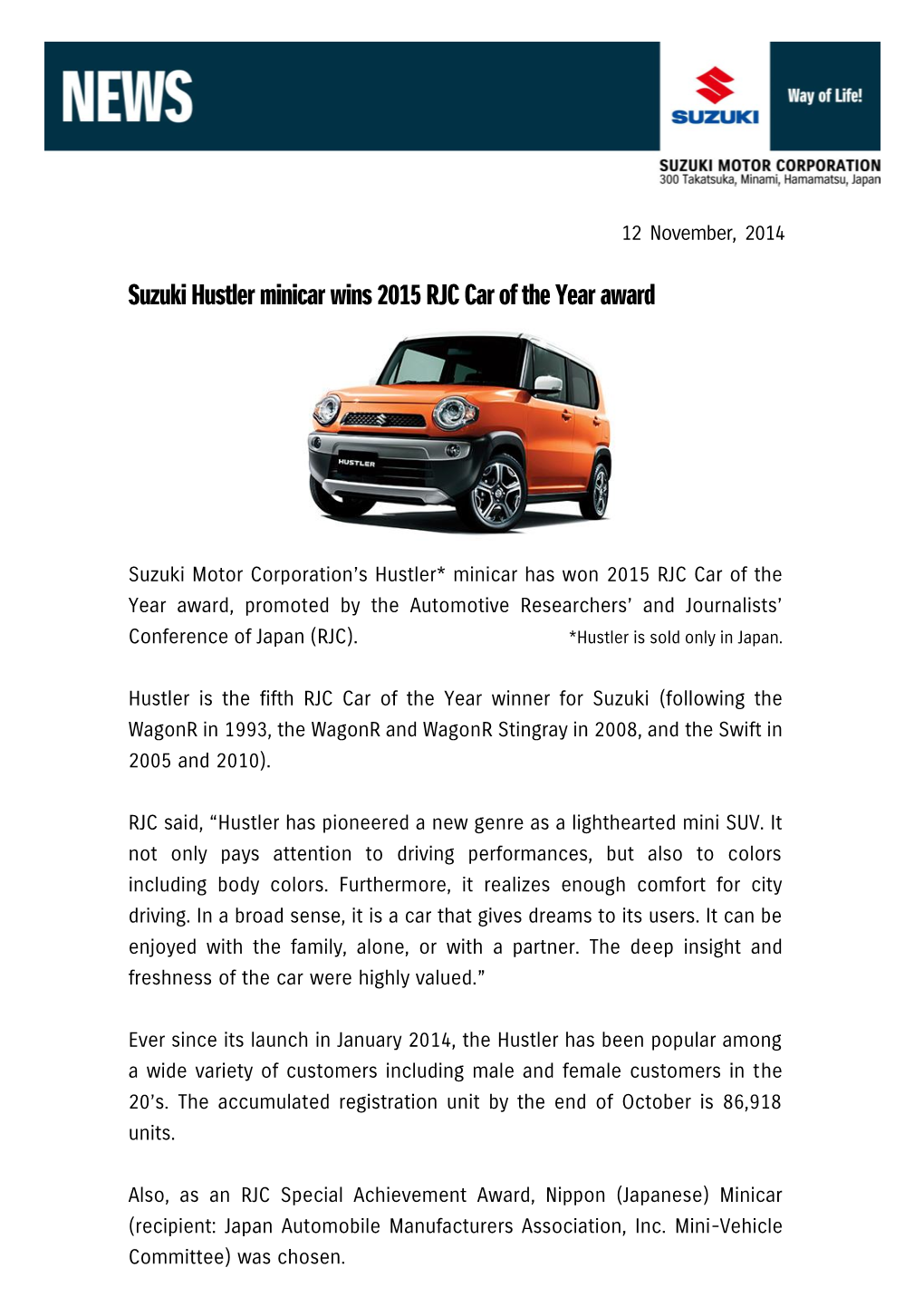 Suzuki Hustler Minicar Wins 2015 RJC Car of the Year Award