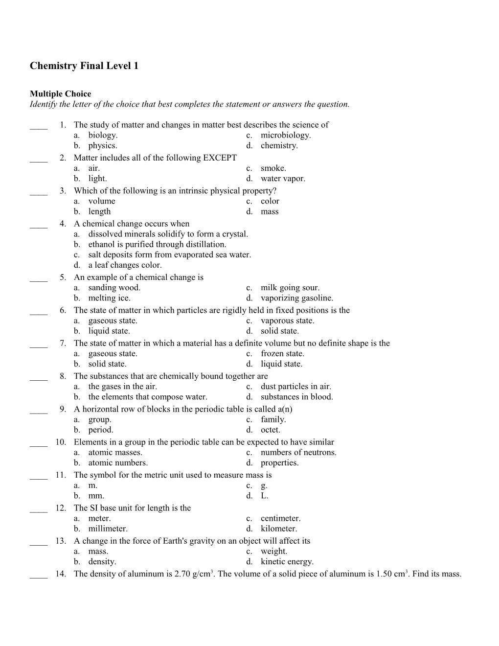 Chemistry Final Level 1