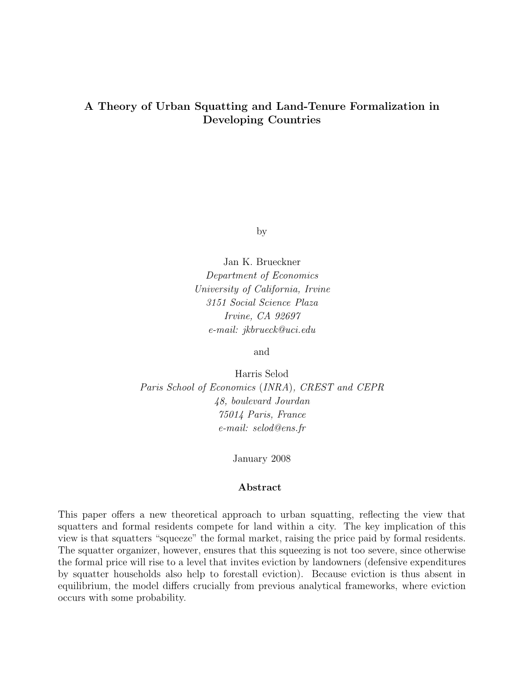A Theory of Urban Squatting and Land-Tenure Formalization in Developing Countries