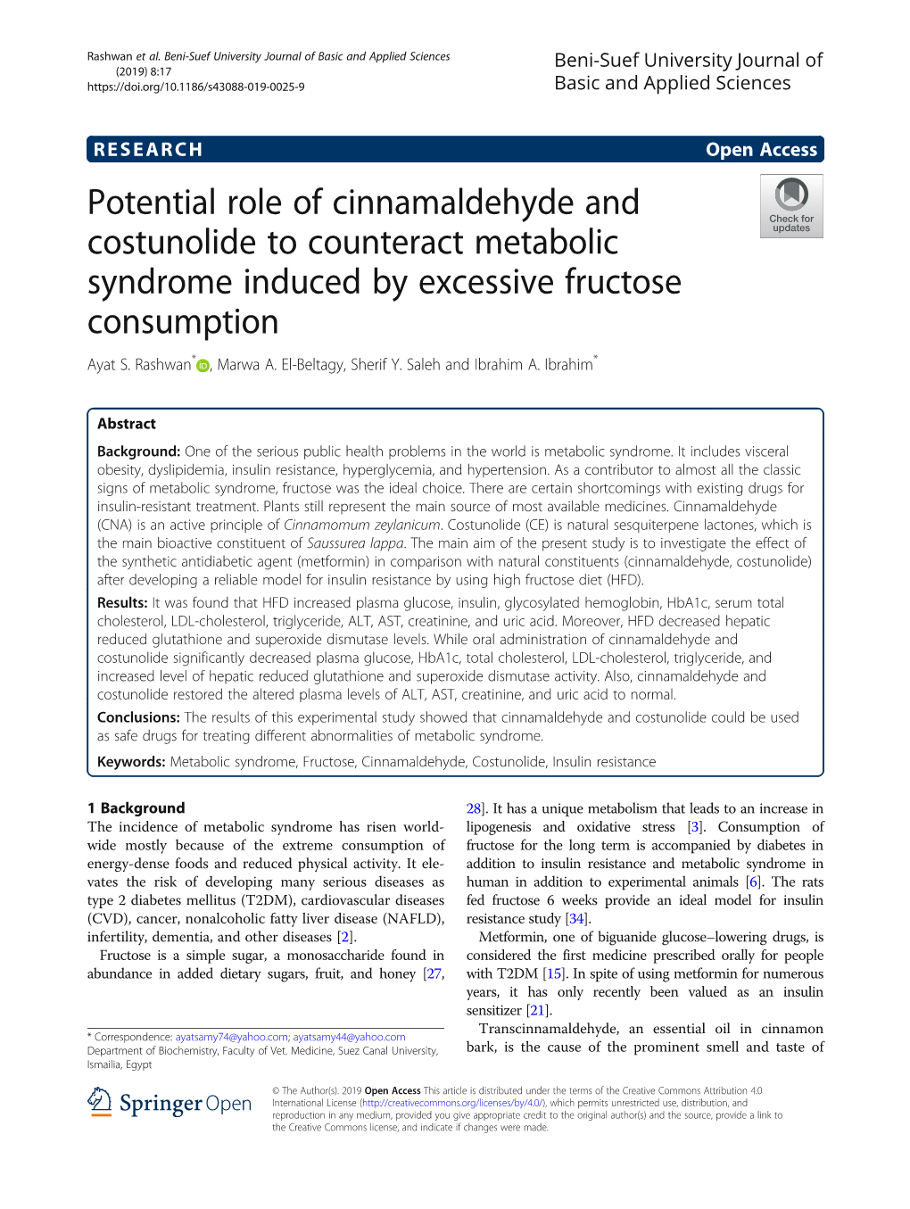 Potential Role of Cinnamaldehyde and Costunolide to Counteract Metabolic Syndrome Induced by Excessive Fructose Consumption Ayat S