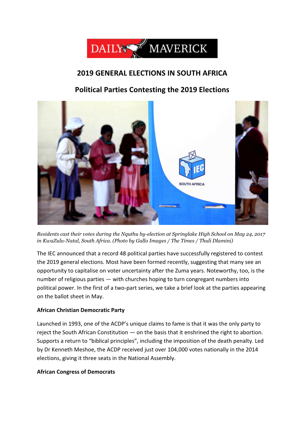 2019 GENERAL ELECTIONS in SOUTH AFRICA Political Parties