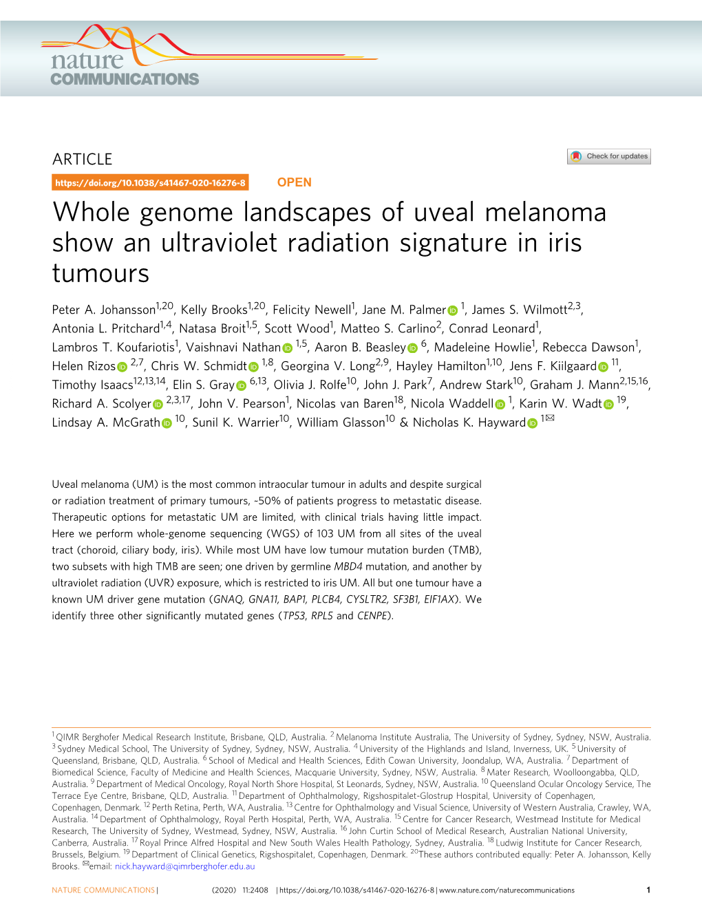 Whole Genome Landscapes of Uveal Melanoma Show an Ultraviolet Radiation Signature in Iris Tumours