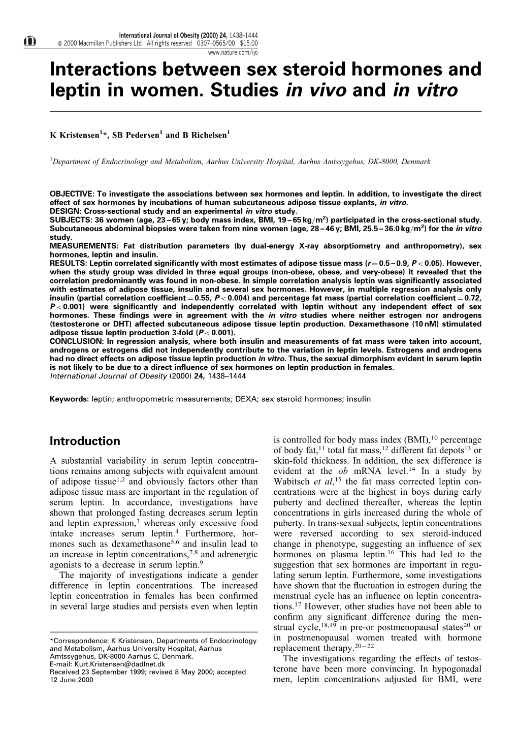 Interactions Between Sex Steroid Hormones and Leptin in Women