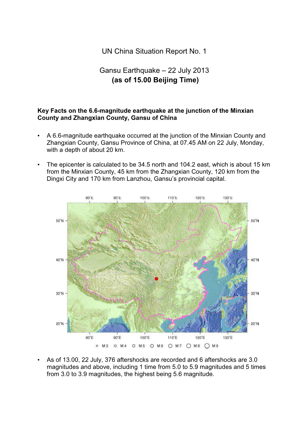 UN China Situation Report No. 1 Gansu Earthquake – 22 July 2013