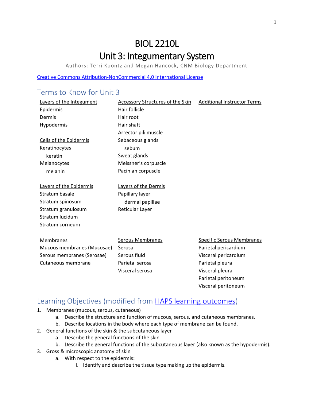 BIOL 2210L Unit 3: Integumentary System Authors: Terri Koontz and Megan Hancock, CNM Biology Department