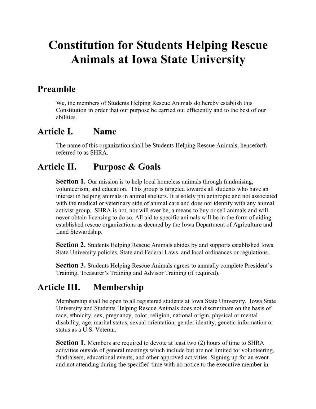 Constitution for Students Helping Rescue Animals at Iowa State University