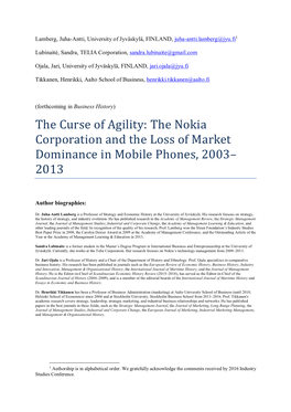 The Nokia Corporation and the Loss of Market Dominance in Mobile Phones, 2003– 2013