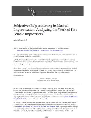 Subjective (Re)Positioning in Musical Improvisation: Analyzing the Work of Five Female Improvisers *