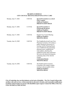 Hearing Schedule City Council Meetings Beginning June 17, 2002