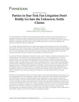 Parties in Star Trek Fan Litigation Don't Boldly Go Into the Unknown