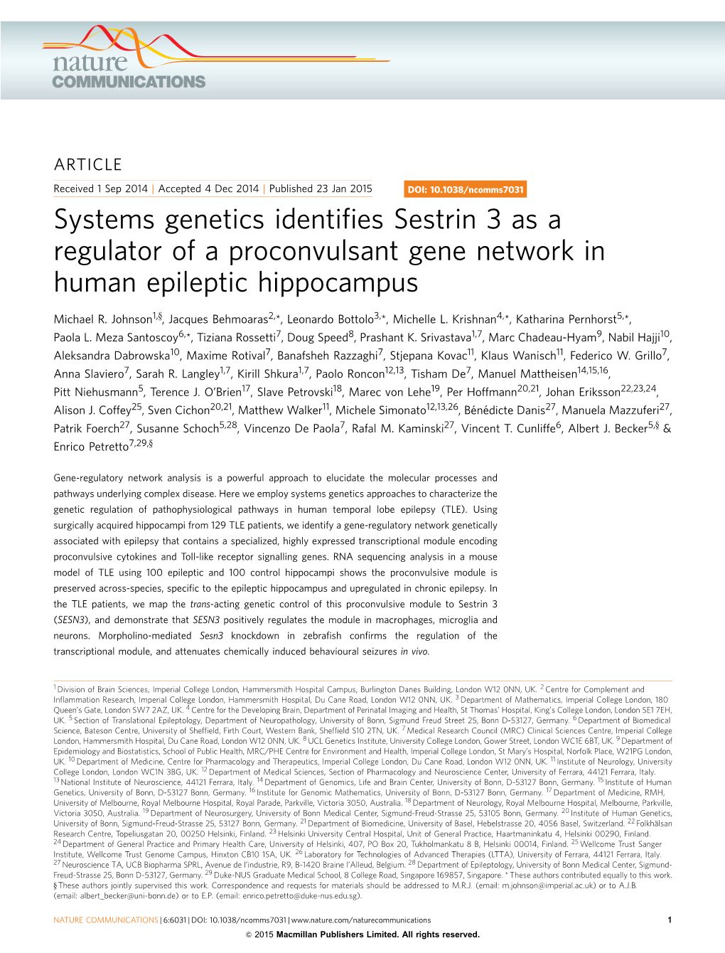 Systems Genetics Identifies Sestrin 3 As a Regulator of a Proconvulsant Gene Network in Human Epileptic Hippocampus