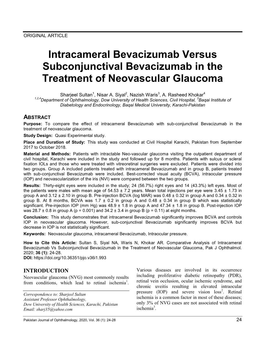 Intracameral Bevacizumab Versus Subconjunctival Bevacizumab in the Treatment of Neovascular Glaucoma