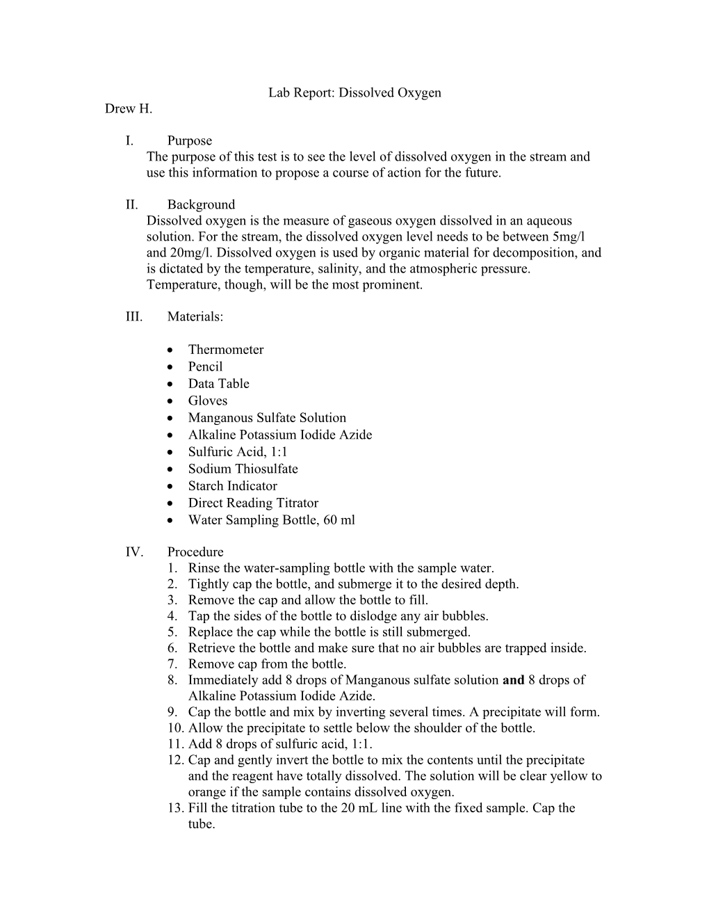 Lab Report: Dissolved Oxygen