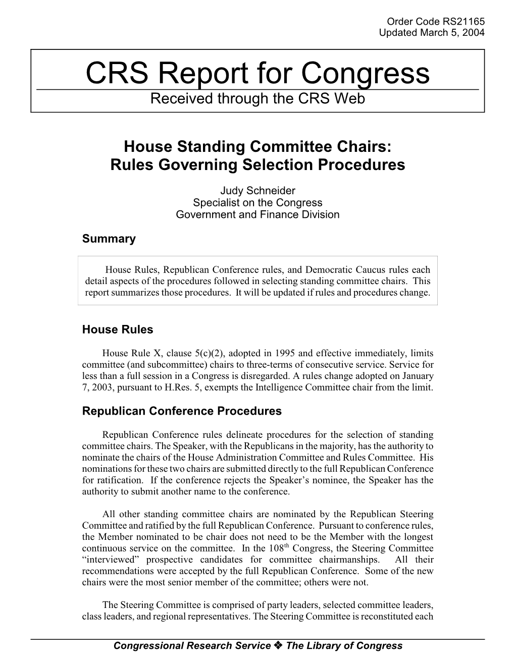 House Standing Committee Chairs: Rules Governing Selection Procedures