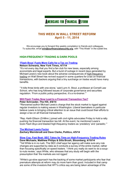 THIS WEEK in WALL STREET REFORM April 5 - 11, 2014