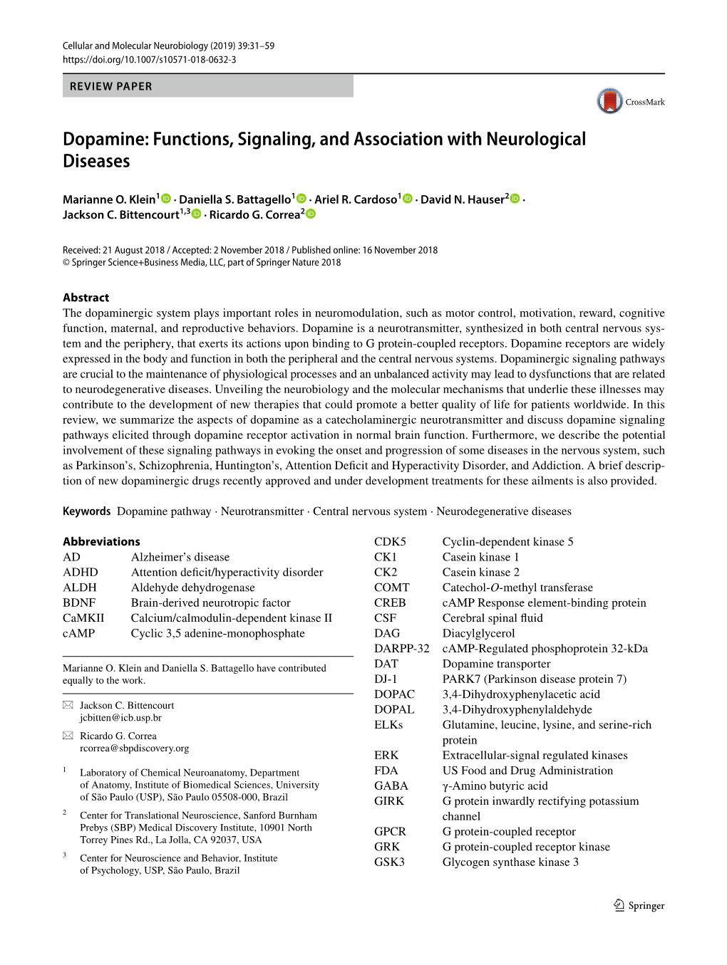 Dopamine: Functions, Signaling, and Association with Neurological Diseases