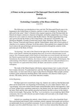 A Primer on the Government of the Episcopal Church and Its Underlying Theology Ecclesiology Committee of the House of Bishops