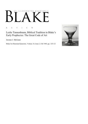 Leslie Tannenbaum, Biblical Tradition in Blake’S Early Prophecies: the Great Code of Art
